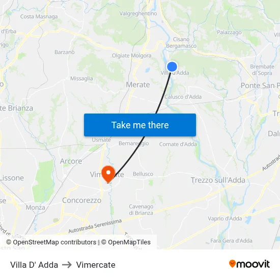 Villa D' Adda to Vimercate map