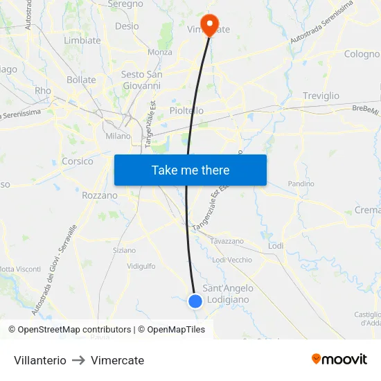 Villanterio to Vimercate map