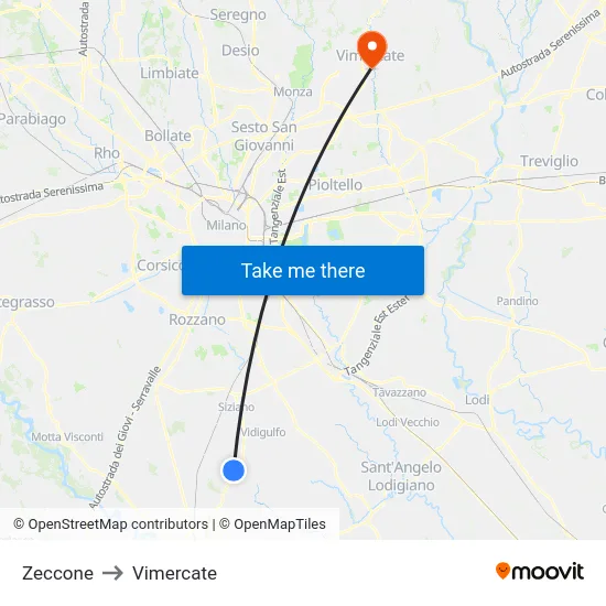 Zeccone to Vimercate map