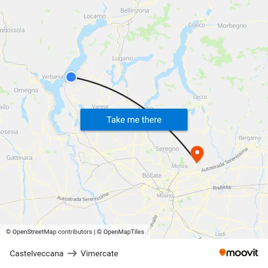 Castelveccana to Vimercate map