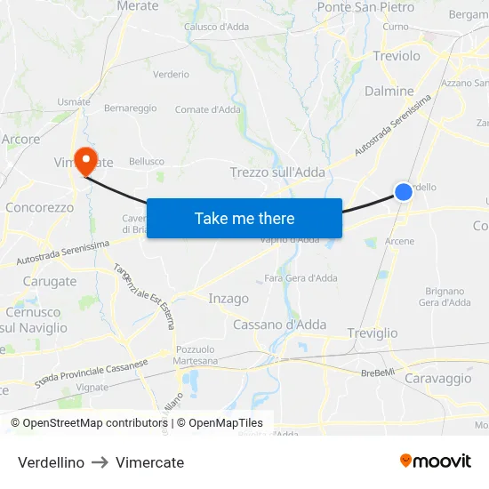 Verdellino to Vimercate map