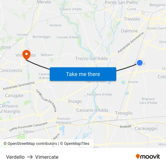 Verdello to Vimercate map