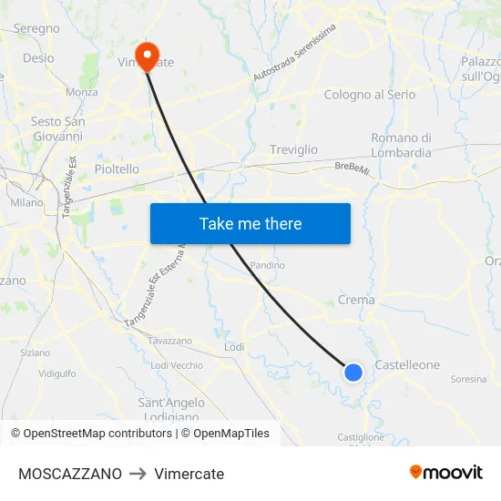 Moscazzano to Vimercate map