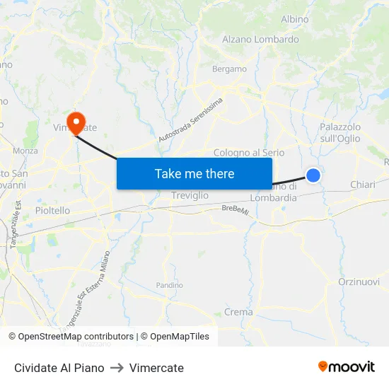Cividate Al Piano to Vimercate map