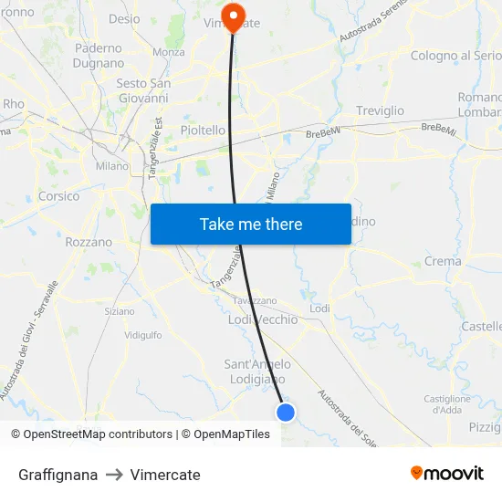 Graffignana to Vimercate map
