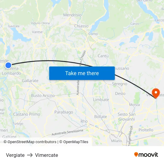 Vergiate to Vimercate map
