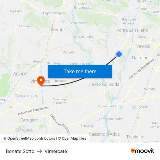 Bonate Sotto to Vimercate map