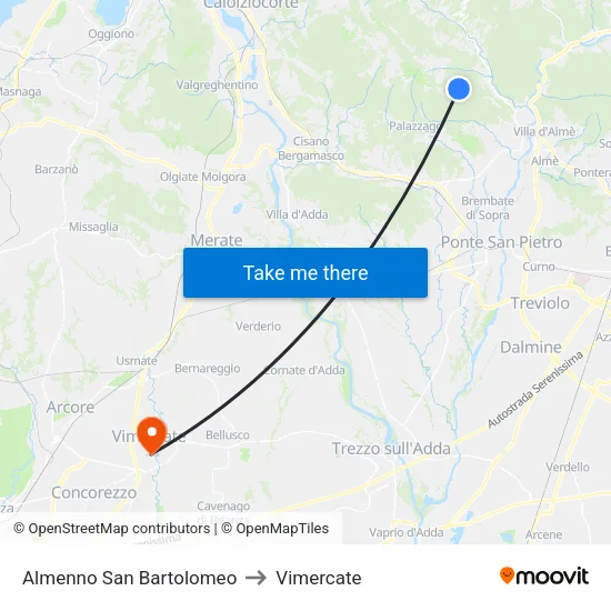 Almenno San Bartolomeo to Vimercate map