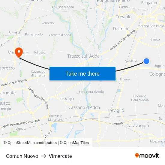 Comun Nuovo to Vimercate map