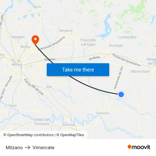 Milzano to Vimercate map