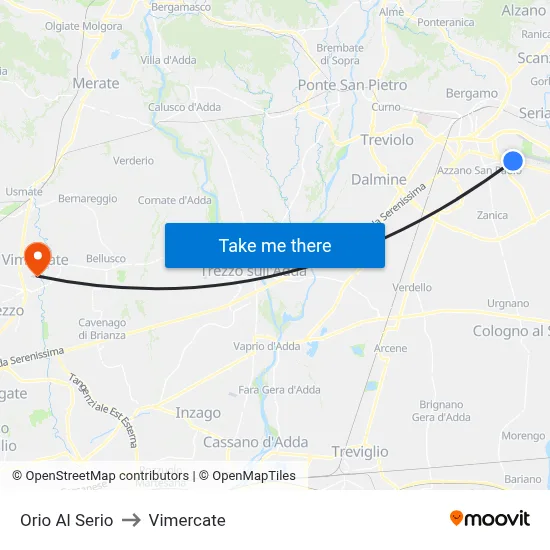 Orio Al Serio to Vimercate map
