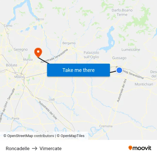 Roncadelle to Vimercate map