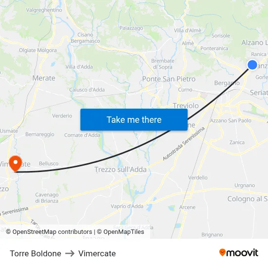 Torre Boldone to Vimercate map
