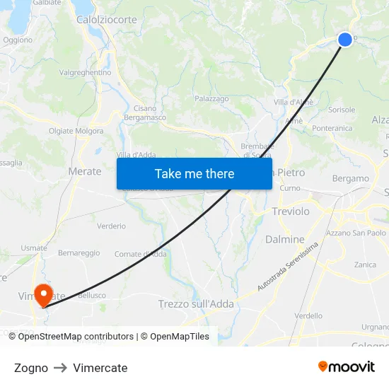 Zogno to Vimercate map