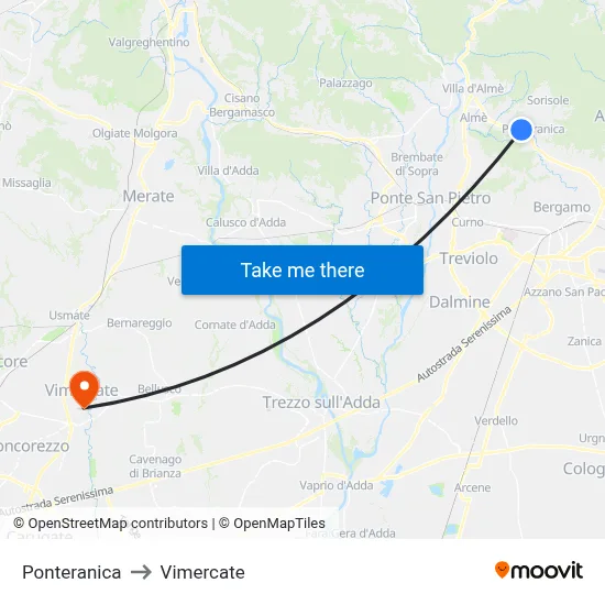 Ponteranica to Vimercate map
