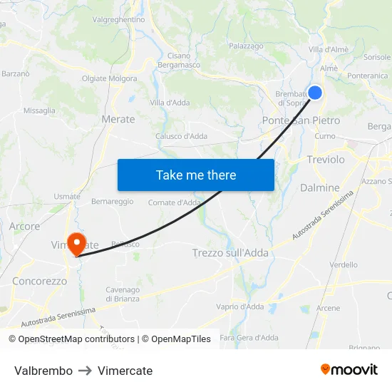 Valbrembo to Vimercate map