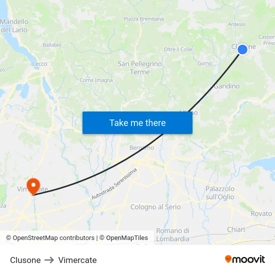 Clusone to Vimercate map