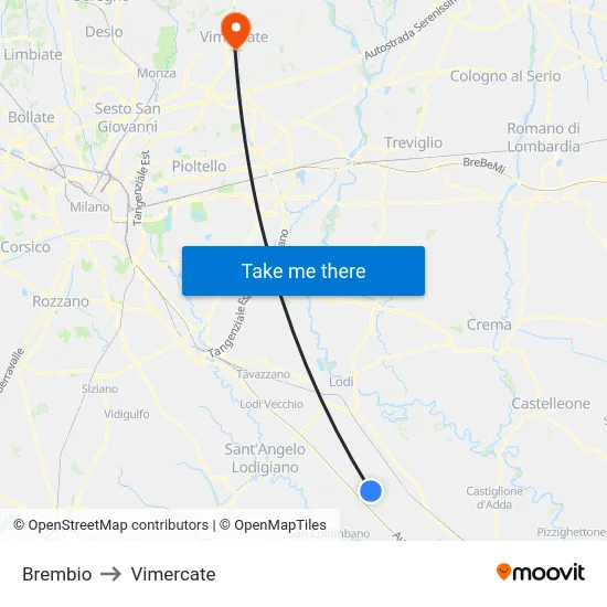 Brembio to Vimercate map