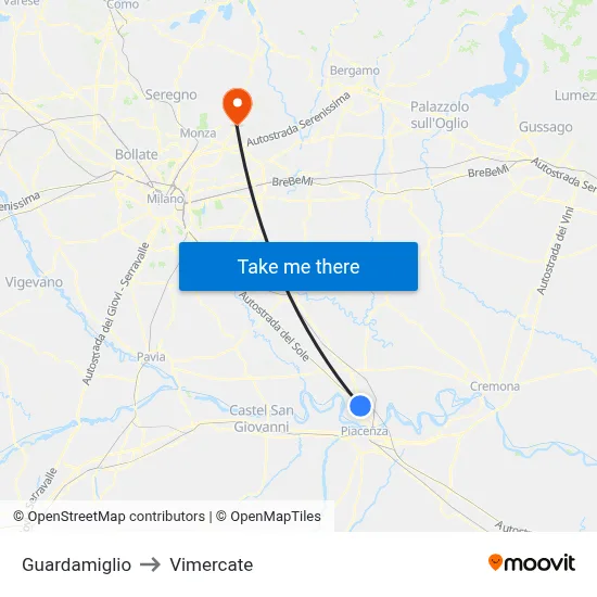 Guardamiglio to Vimercate map