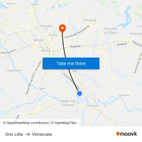 Orio Litta to Vimercate map