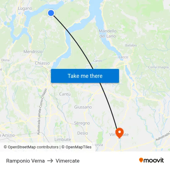 Ramponio Verna to Vimercate map