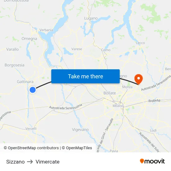 Sizzano to Vimercate map