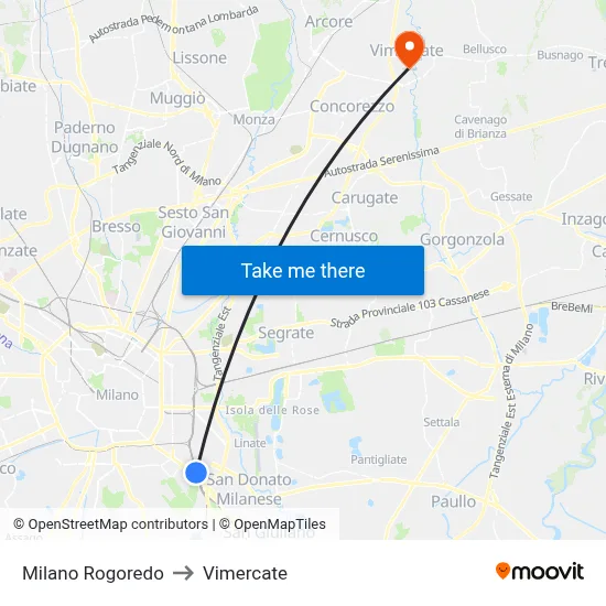 Milan Rogoredo to Vimercate map