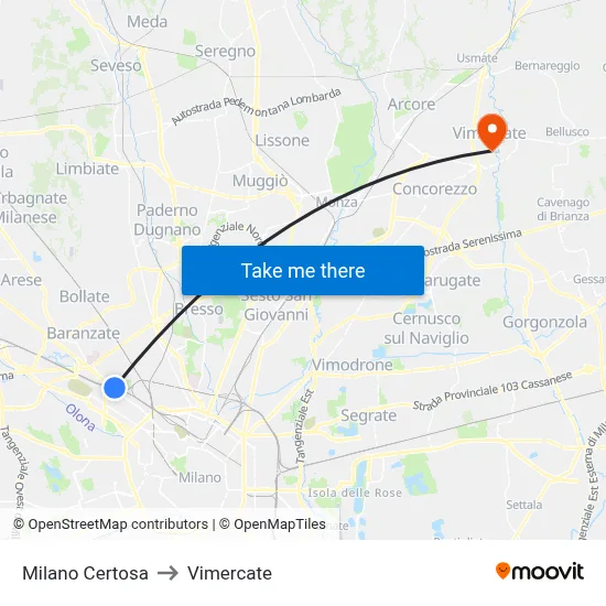 Milano Certosa to Vimercate map