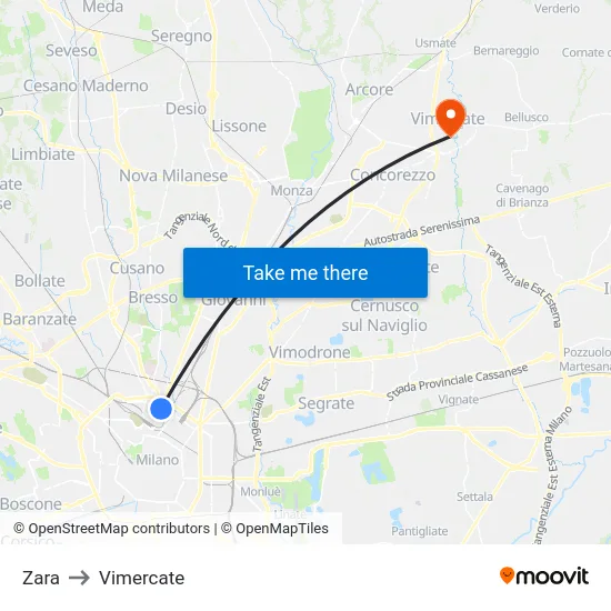 Zara to Vimercate map