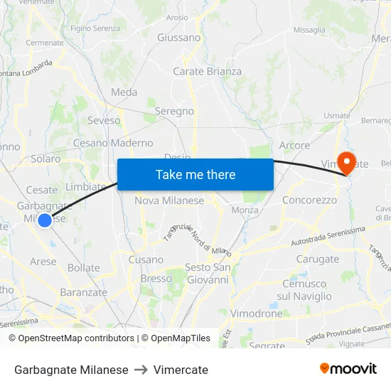 Garbagnate Milanese to Vimercate map