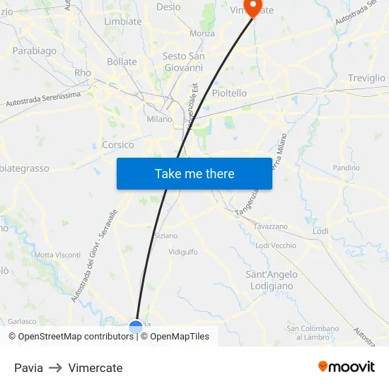 Pavia to Vimercate map