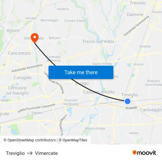 Treviglio to Vimercate map