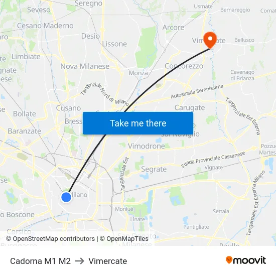 Cadorna M1 M2 to Vimercate map