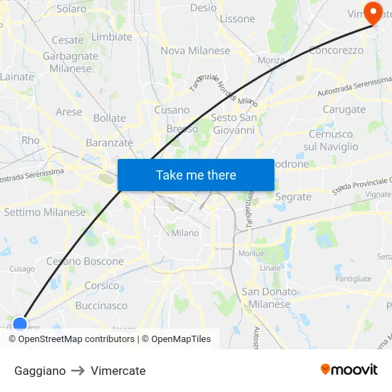 Gaggiano to Vimercate map