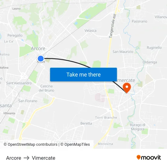 Arcore to Vimercate map
