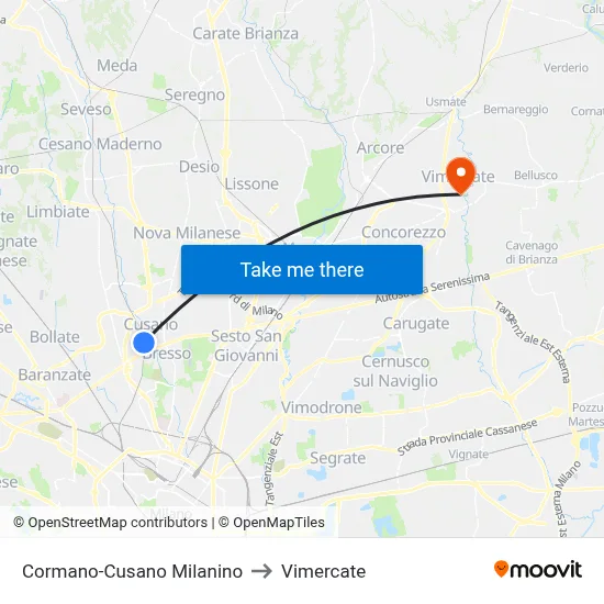 Cormano-Cusano Milanino to Vimercate map