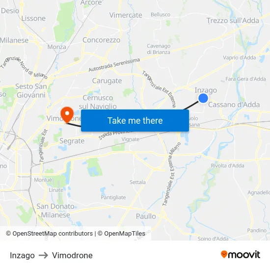 Inzago to Vimodrone map