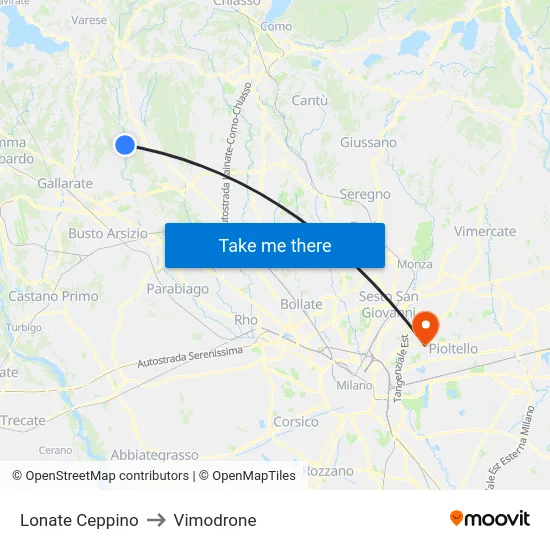Lonate Ceppino to Vimodrone map