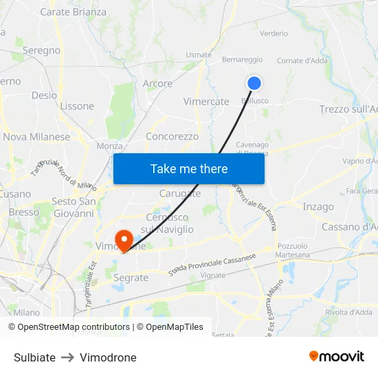 Sulbiate to Vimodrone map