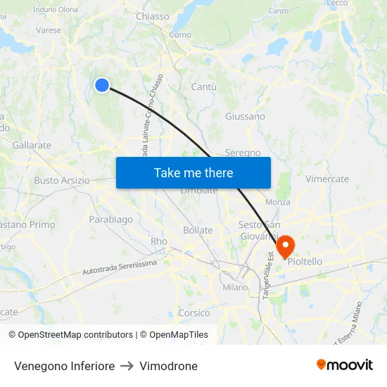 Venegono Inferiore to Vimodrone map