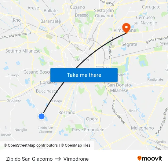 Zibido San Giacomo to Vimodrone map