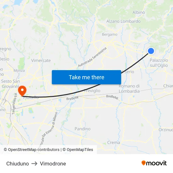 Chiuduno to Vimodrone map