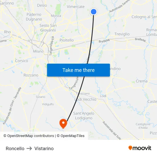 Roncello to Vistarino map