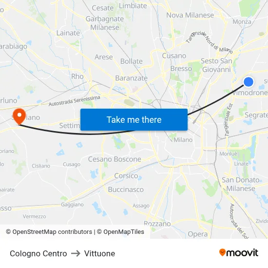 Cologno Center to Vittuone map