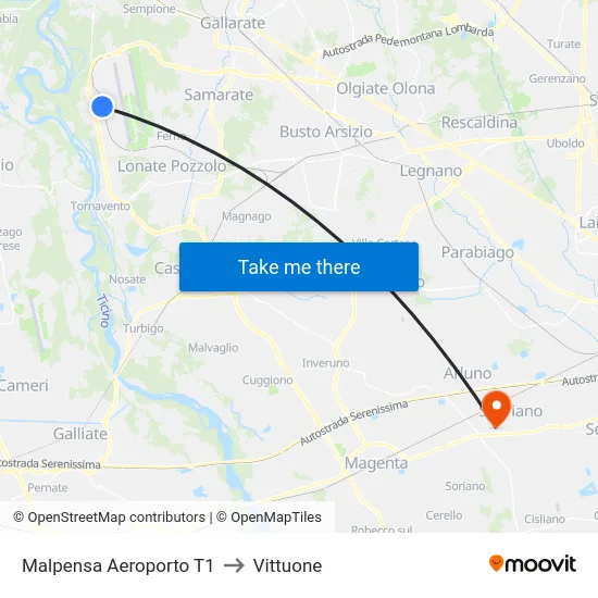Malpensa Aeroporto T1 to Vittuone map
