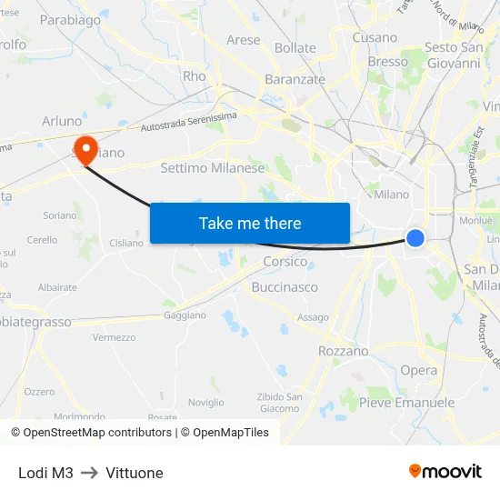 Lodi M3 to Vittuone map