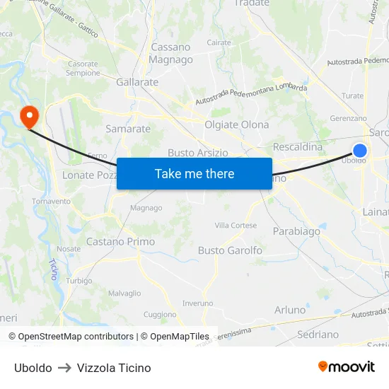 Uboldo to Vizzola Ticino map