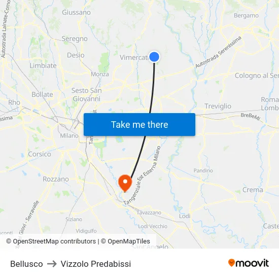 Bellusco to Vizzolo Predabissi map