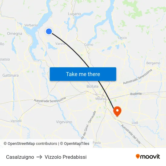 Casalzuigno to Vizzolo Predabissi map