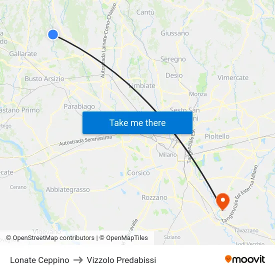 Lonate Ceppino to Vizzolo Predabissi map
